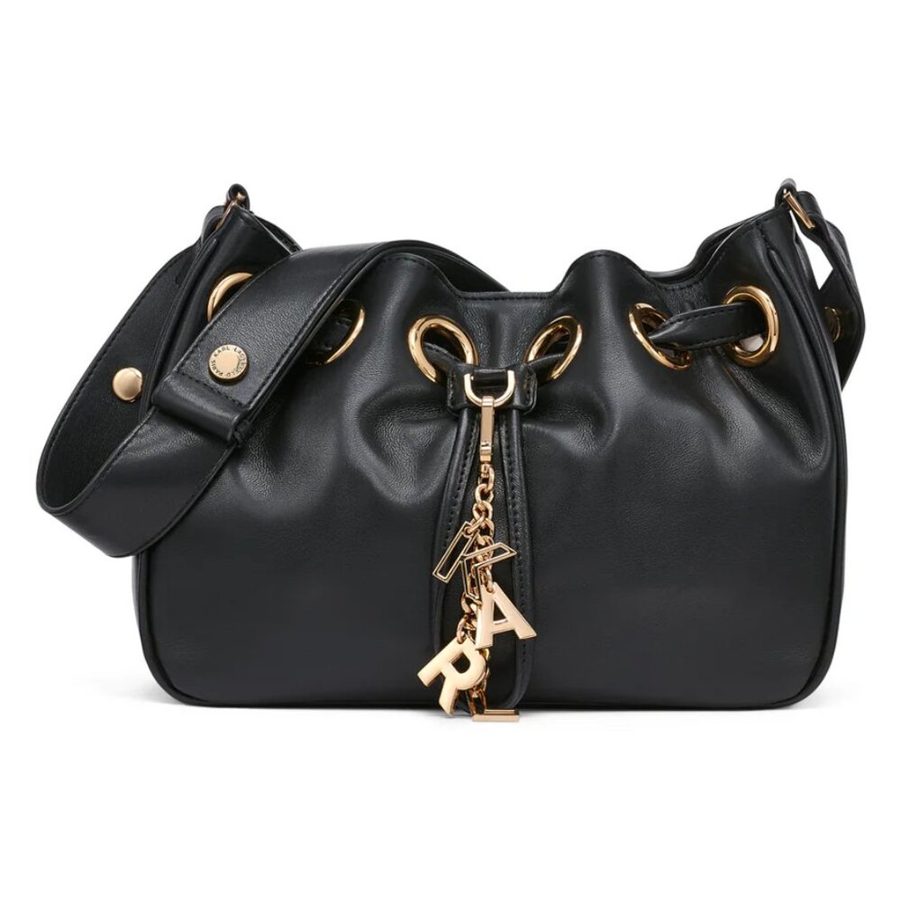 NWT Karl Lagerfeld Paris Desiree Drawstring Black Leather Convertible Crossbody